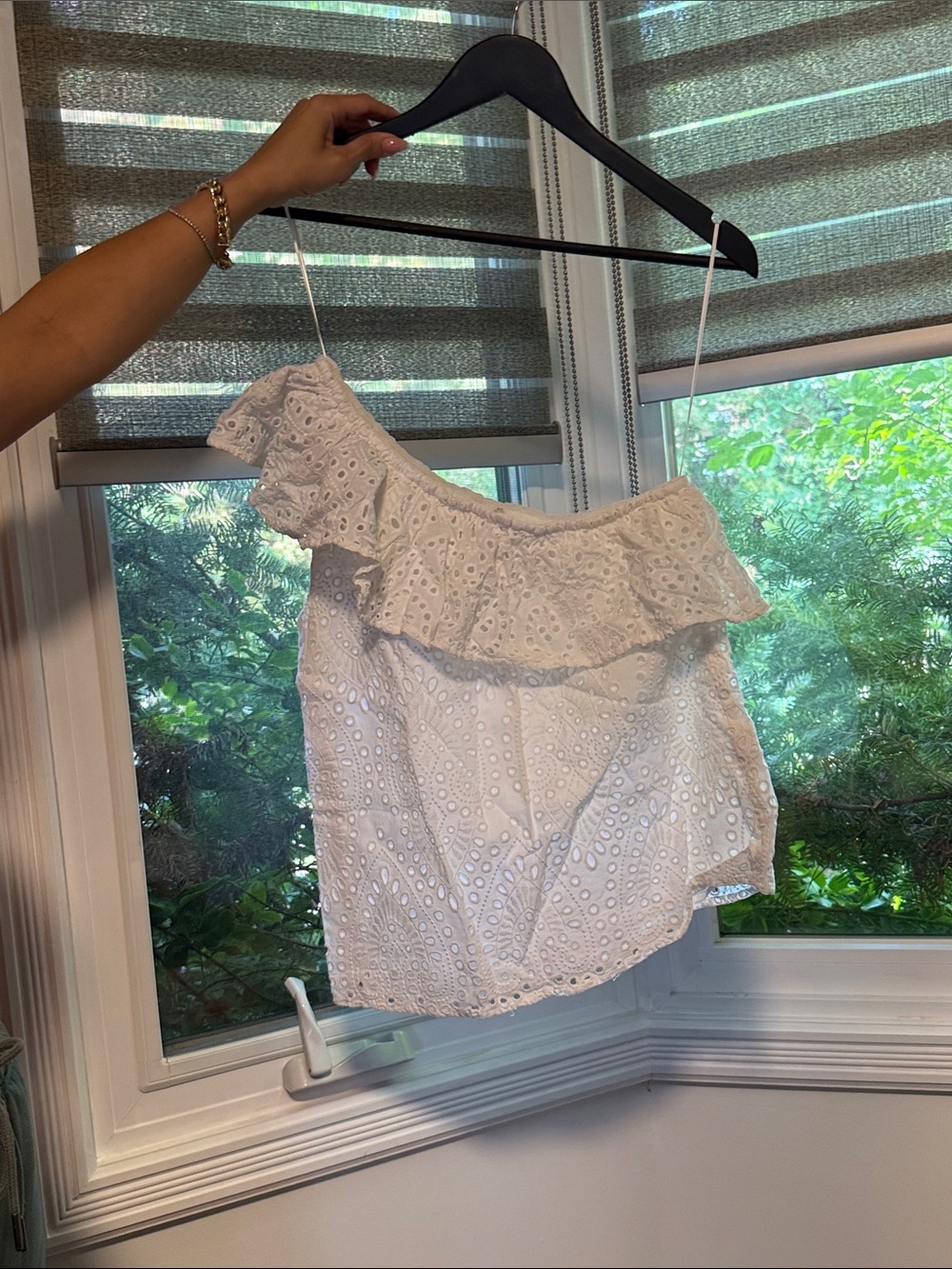 1. State White Eyelet One-Shoulder Ruffle Camisole